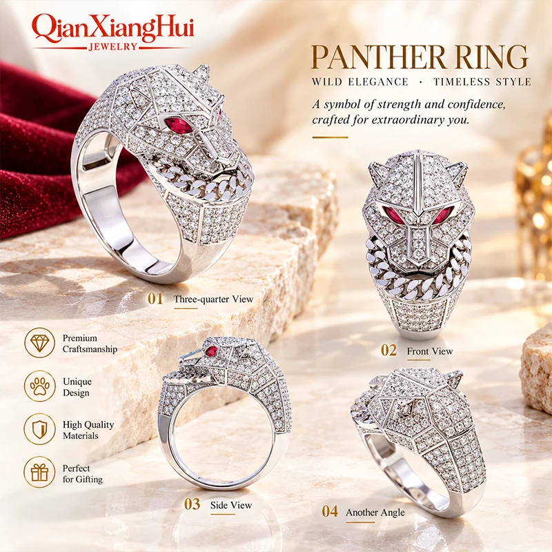 Men's Sterling 925 Silver Tiger Head Ring with Moissanite & Ruby Eyes Hip Hop Fashion Jewelry Gift for Male Friends