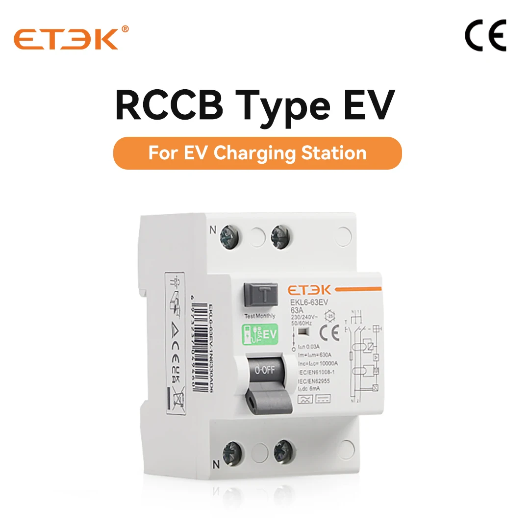 ETEK RCCB Type EV 2P 4P Earth Leakage Circuit Breakers for Car Evse Chargeing Station RCD 40A 63A 30ma EKL6-63EV 10KA Din Rail