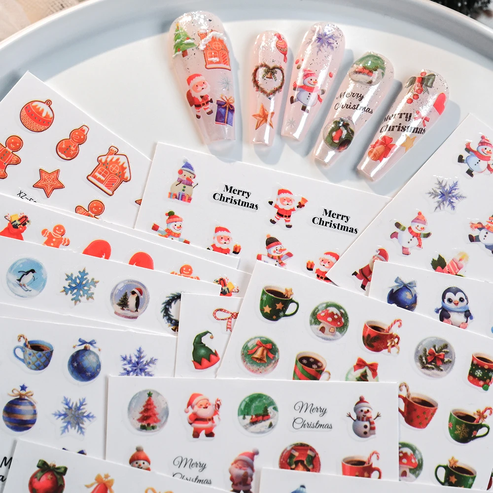 30 uds/Kits lindo Santa Claus Nail Art en varios estilos pegatinas 3D autoadhesivas muñeco de nieve campana pingüino copo de nieve pegatinas para uñas