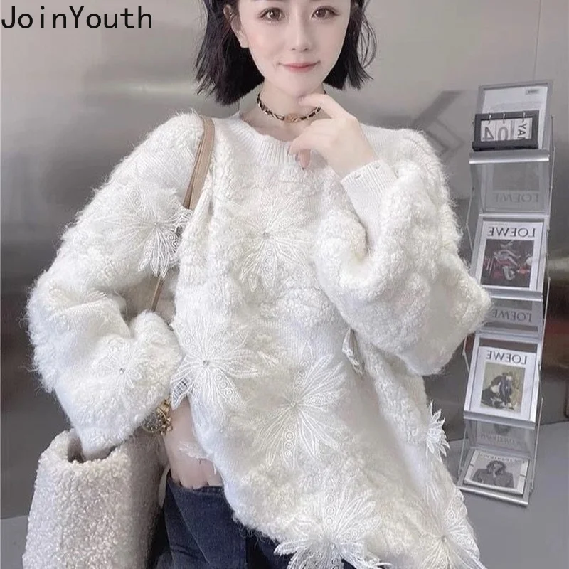 Oversized Pullovers Tops Women Clothing 3D Floral Diamond Knitwear Jumper Sueter De Mujer Loose Casual Korean Sweater Jacket