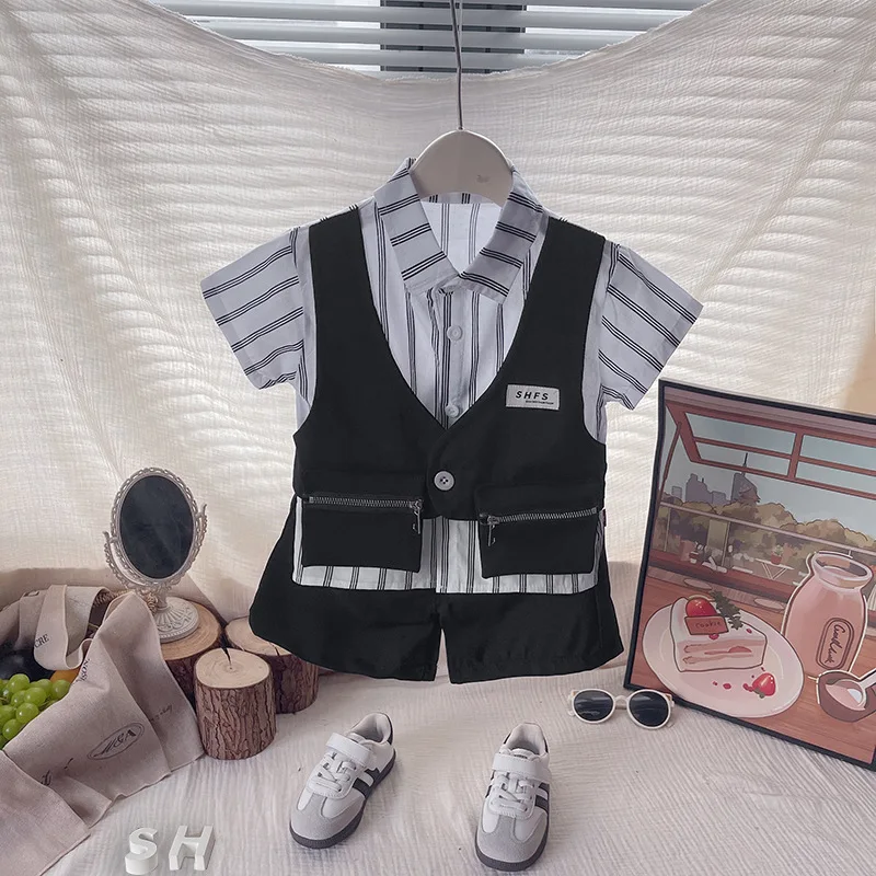 1 سنة الصبي عيد ميلاد الزي 2026 جديد الصيف الأطفال مزدوجة سستة جيب تي شيرتات قصيرة الاكمام بلوزات والسراويل قطعتين مجموعة #1