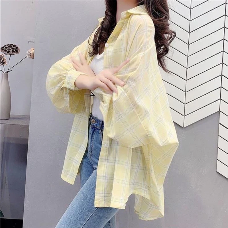 Women\'s Trendy Plaid Print Oversize Sunscreen Cardigan Summer Casual Streetwear Thin Button Shirt Long Sleeve Y2K Irregular Tops