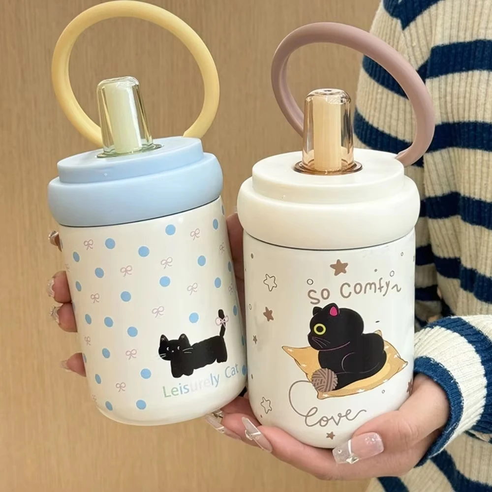 Leak-Proof 500ml Insulated Water Cup Cartoon Black Cat Thermos Bottle with Handle Vacuum Flask Straw Drinking Cup For Girl