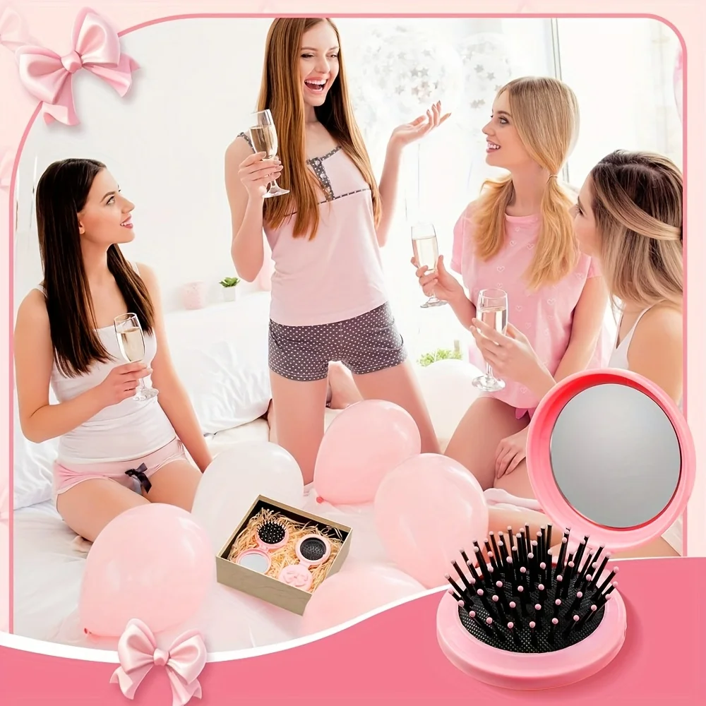 2/6/12-teiliges Rosa Mini-Haarbürsten-Set mit Schleife & Klappspiegel, Reisegröße, Geschenk für Frauen, Hochzeit, SPA, Party – Detail 3