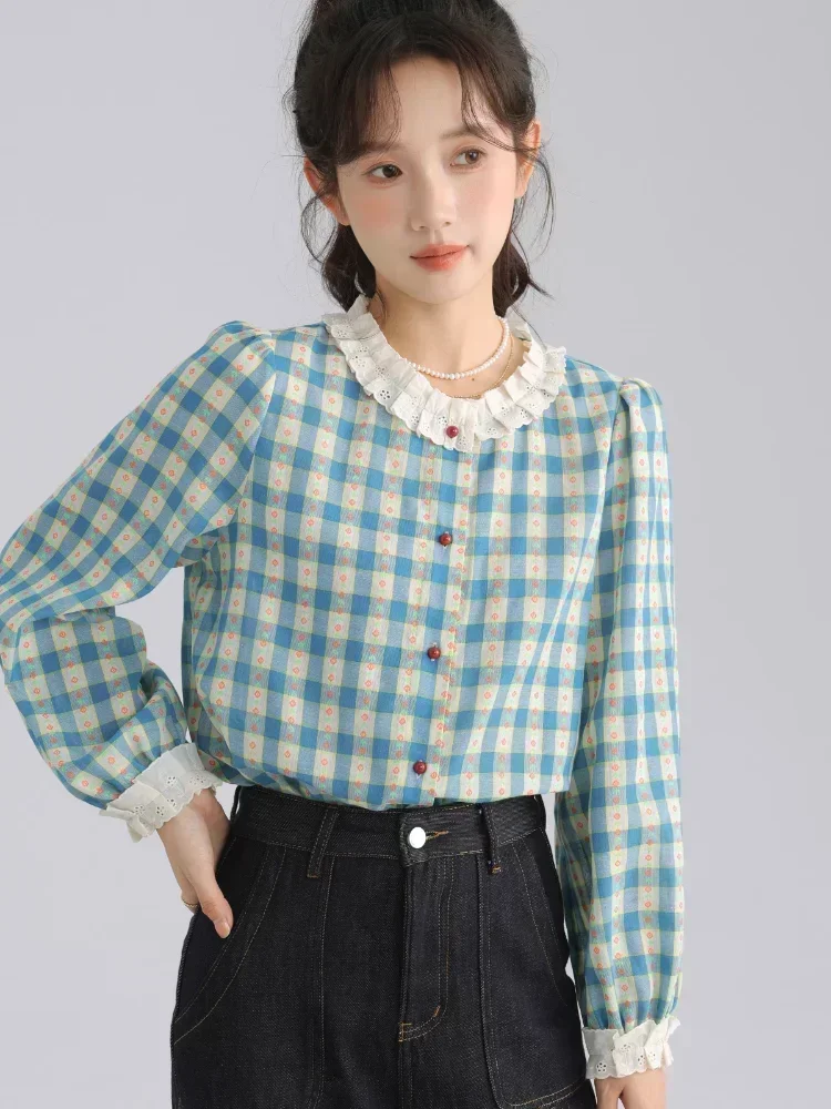 Women Vintage Shirts Plaid Lace Collar Long Sleeve Blouse for Women Casual Loose Fit Shirt Perfect for Spring and Autumn