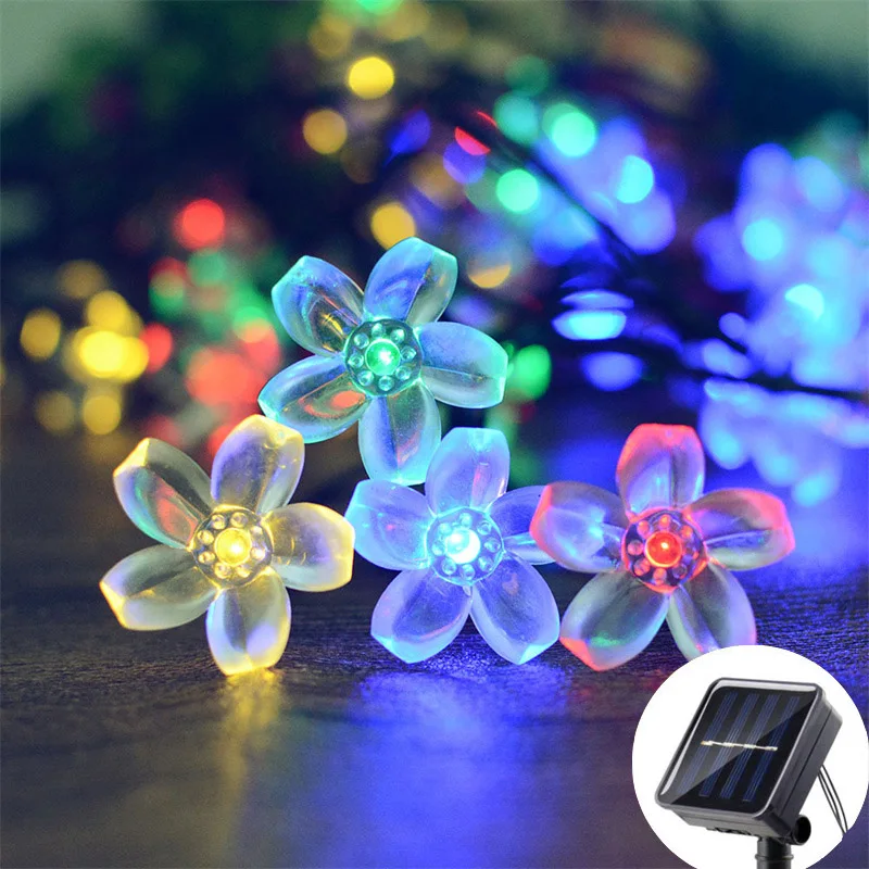 Solar Fairy String Light Sakura Garlands Peach Flower Cherry LED Lamp 5/7/12M For Wedding Party Garden Christmas Outdoor Decor