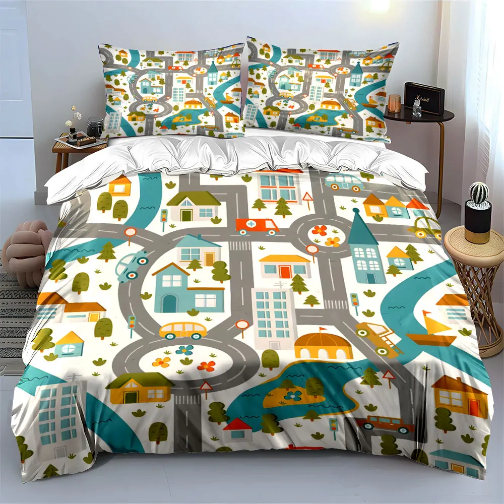 Cartoon-style city streets and buildings Print Bedding set 3PC 1 duvet cover 2 pillowcases adult and children bedding set