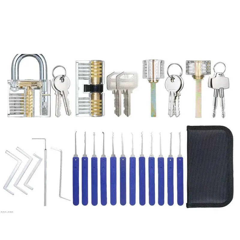Locksmiths Set 4PCS Transparent Locks of Cutaway Mini Practice View Padlock and 12PCS Lock Pick Tools with 5PCS Tension Wrench