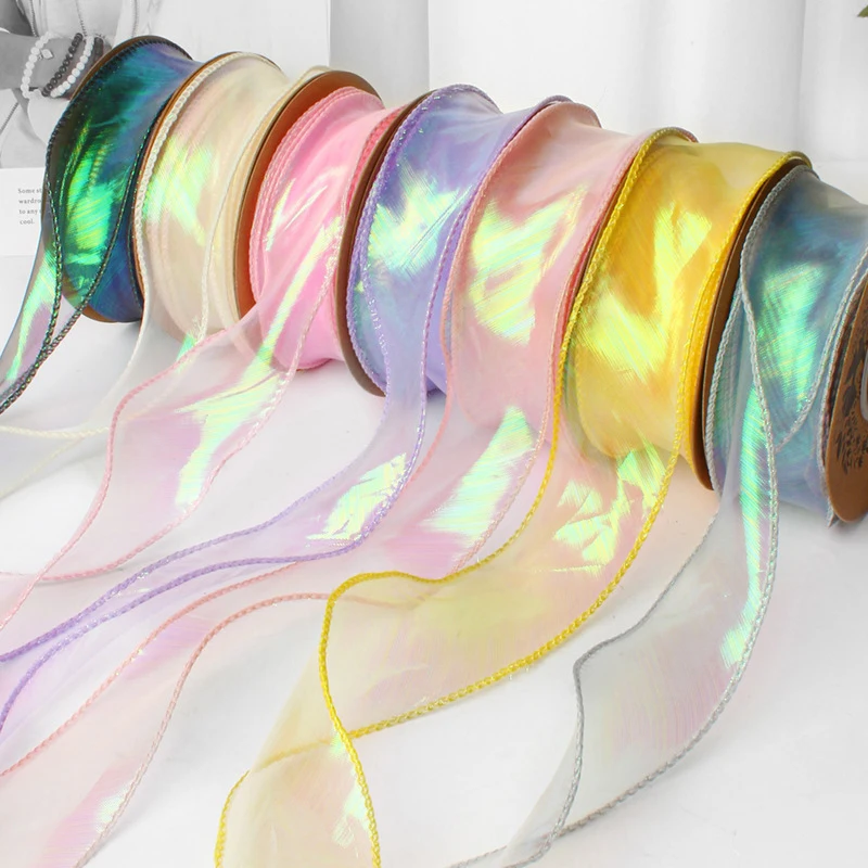 40mm 10Yards Fishtail Organza Ribbon Reflective Iridescent Wavy Edge Ribbon for Gift Wrapping DIY Bow Bouquet Voile 2035