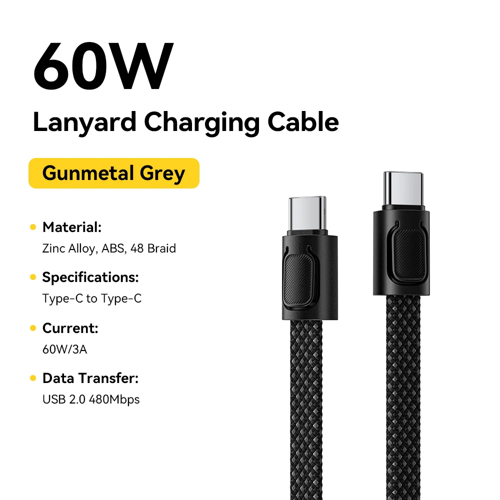 Essager 60W Typ-C-auf-Typ-C-Ladekabel mit Lanyard, multifunktionales Handgelenk- und Nackenkabel für iPhone, Samsung, Xiaomi, Huawei
