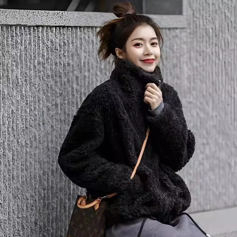 Women's Korean Style Plush Jacket, Imitation Lamb Fleece Coat with Stand Collar, Thickened Winter Warm Zip-Up Outerwear w2222