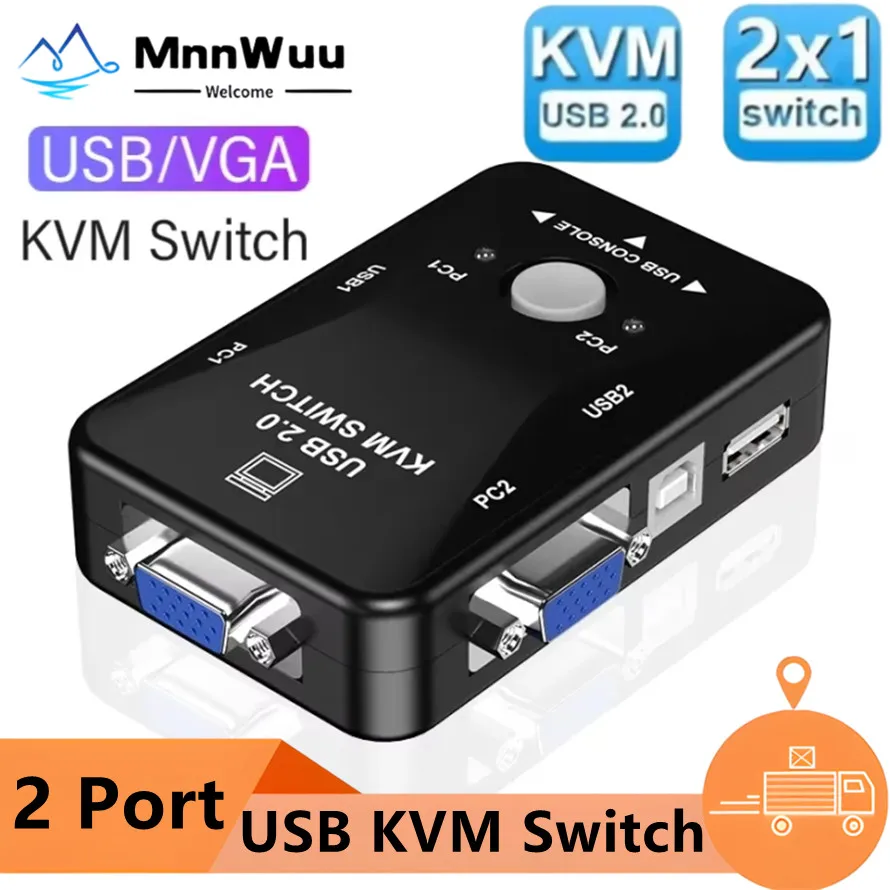 2 Port USB 2.0 KVM Switch 2 In 1 Out VGA Manual Switch Box 1080P Share USB VGA KVM Switches Switcher For Printer Mouse Keyboard