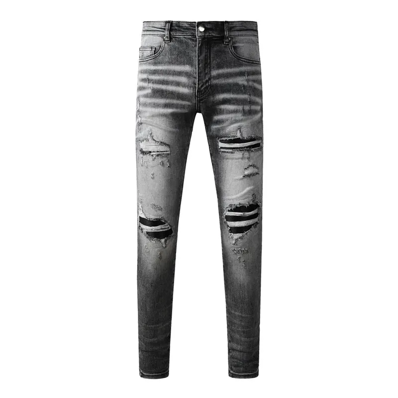High Street Fashion Stretch Slim Fit Retro Perforated Patch Jeans Black/Gray Designer Hip-Hop Brand Patch Men's Pants