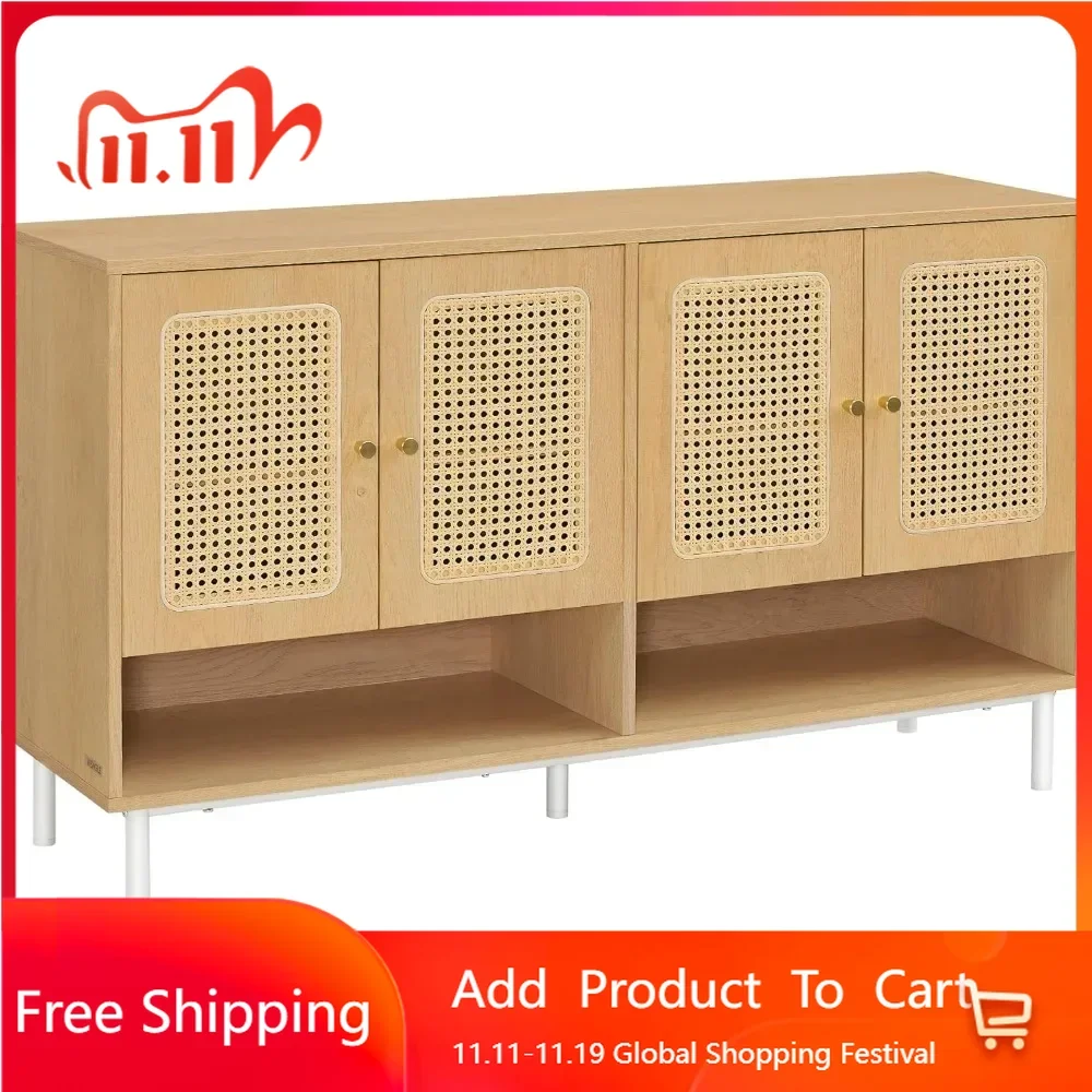 

3-layer shoe rack with rattan doors, height adjustable shelves, independent cabinets, steel legs, bohemian style