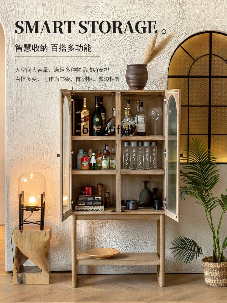 

Solid wood wine cabinet living room dining side cabinet retro Nordic designer display high cabinet against the wall