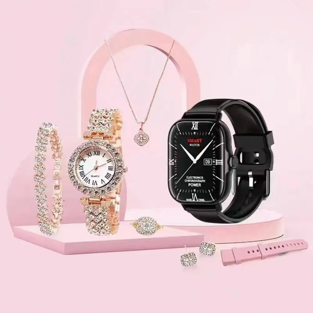 Smartwatch Set Fitness Watch With 100+ Sports Modes Rhinestone Chain Ring Necklace Earings 6-in 1 Set For Valentine's Day Gift