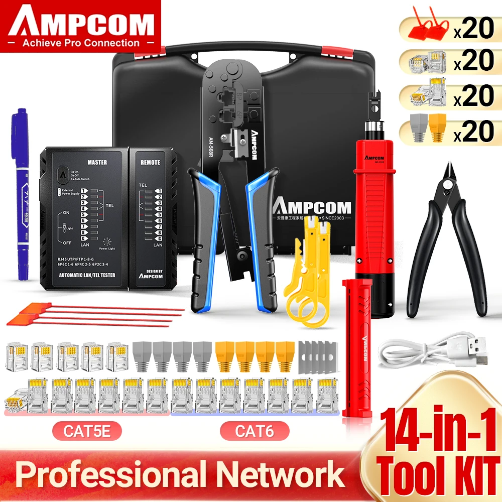 

AMPCOM RJ45 Crimper Tool, Lan Tester Tools kit Sets Ethernet Cable Stripper Punch Down Tool rj 45 rj11 Connectors Wire Stripper