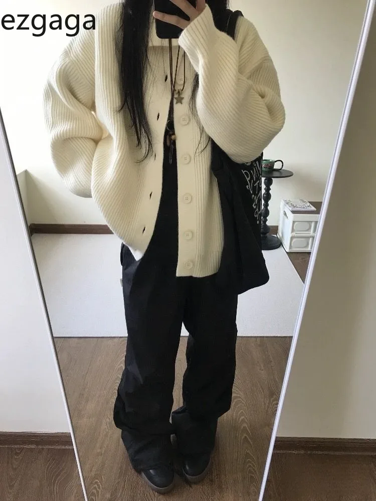 

Ezgaga Knitted Cardigan Women Vintage Turtleneck Autumn Winter Loose Fashion Vintage Solid Outwear Sweater Female Casual