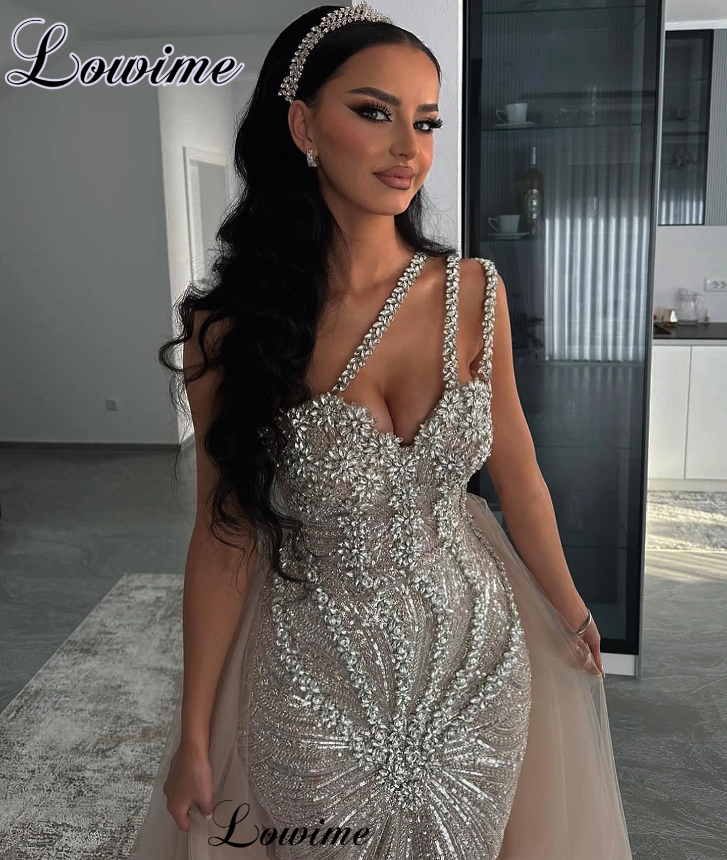 

Sparkly Crystals Cocktail Dresses With Detachable Train Sexy One Shoulder Prom Dresses For Women Vestidos De Gala Party Gowns