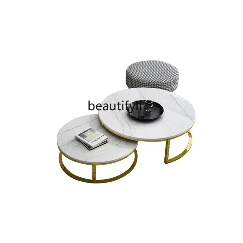 

xz1Stone Plate Coffee Table TV Cabinet Combination round Simple Living Room Small Apartment Nordic Light Luxury Designer Tea Tab