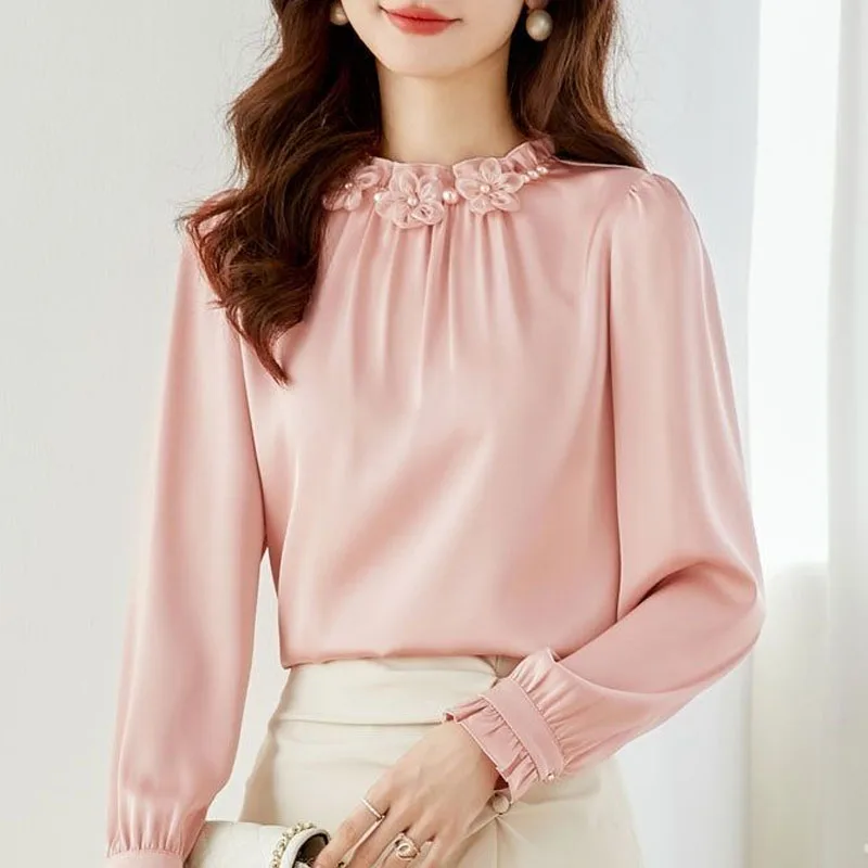 2023 Spring New Long Sleeve Female Clothing Round Neck Pullovers Fashion Tops Pleated Elegant Solid Color Chiffon Shirt