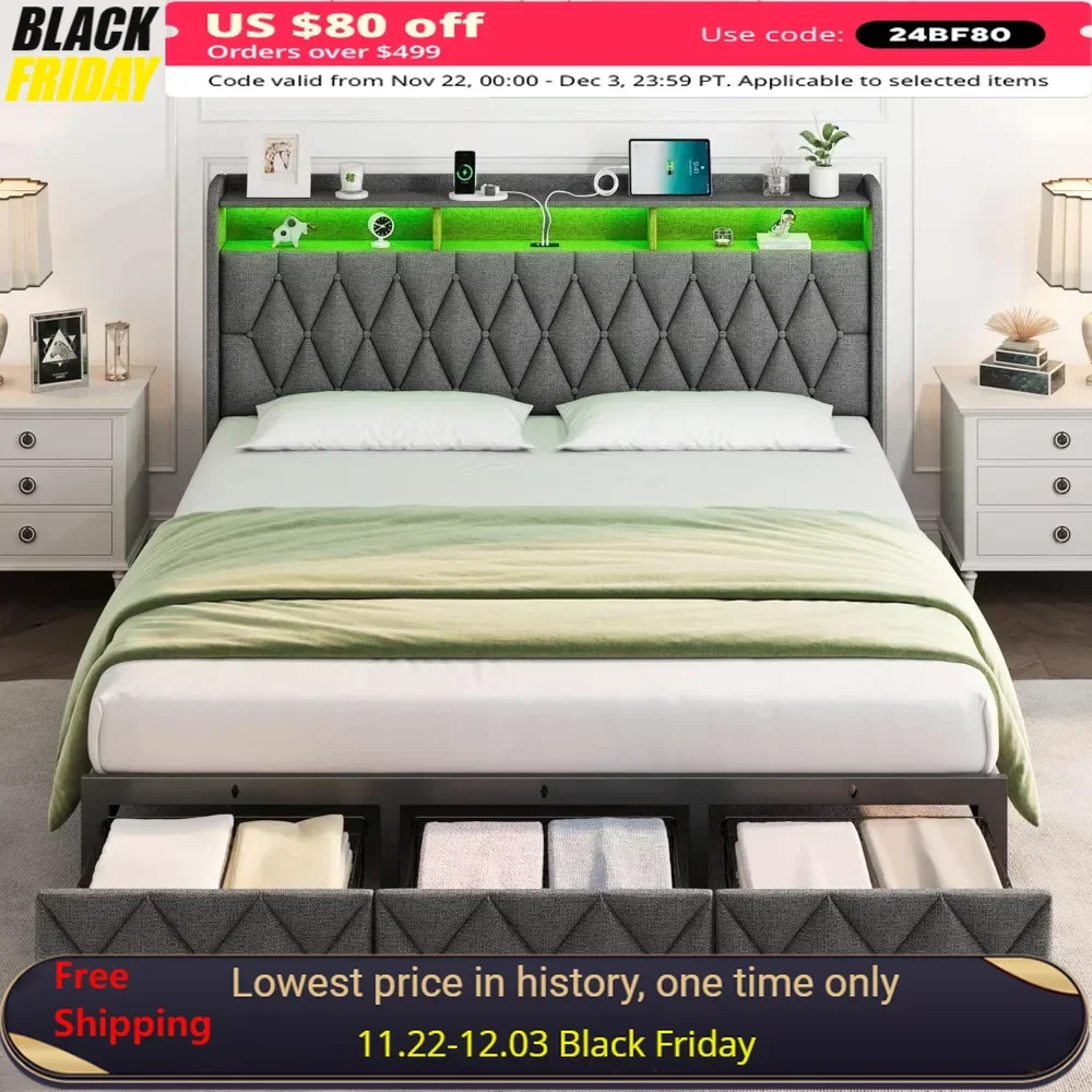 King Size Bed Frame with 3 Storage Drawers, LED Lights Headboard and Charging Station, Upholstered Bed Frame