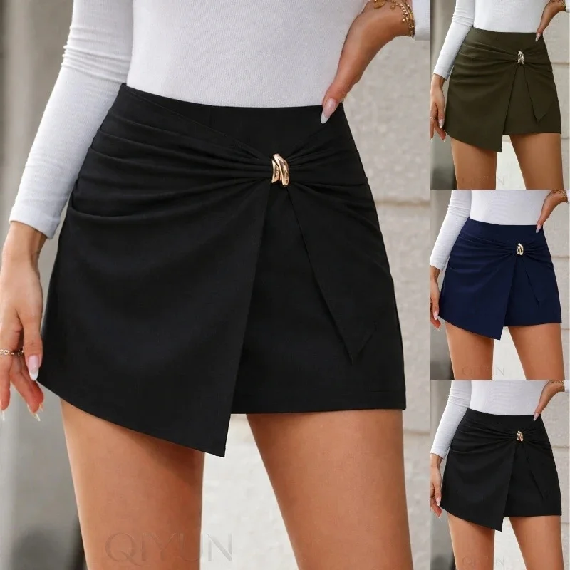 Trendy Elegant Solid Black High Waist Metal Buckle Twist Detail Anti Exposure Mini Skort For Women Daily Casual Office Wear