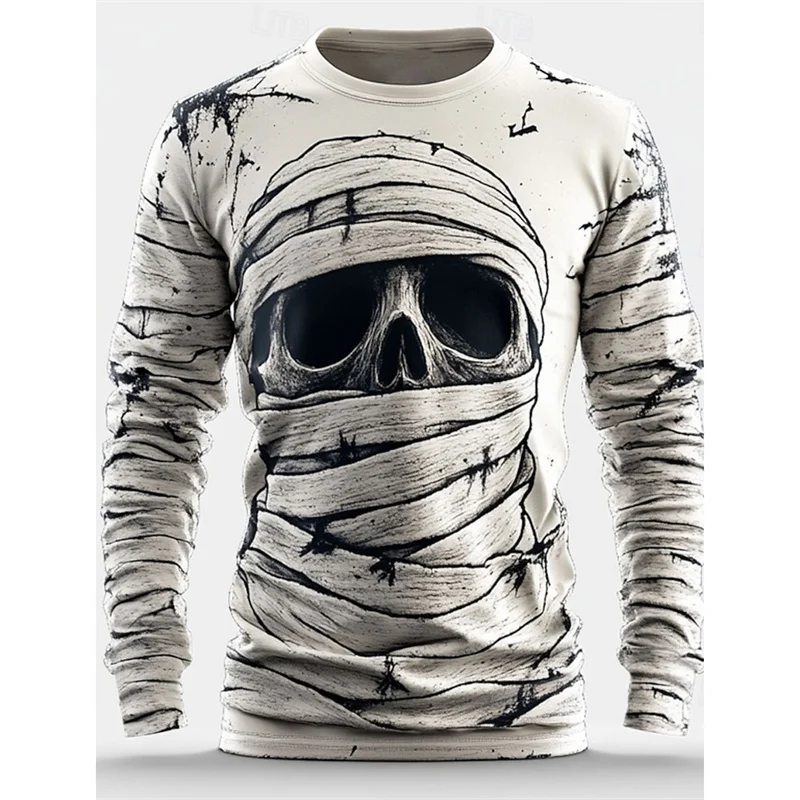 3D Printed Bandaged Skull T Shirt For Men Terrifying Skeleton Pattern Tees Autumn Casual O-Neck Tops Loose Long Sleeve T-Shirts