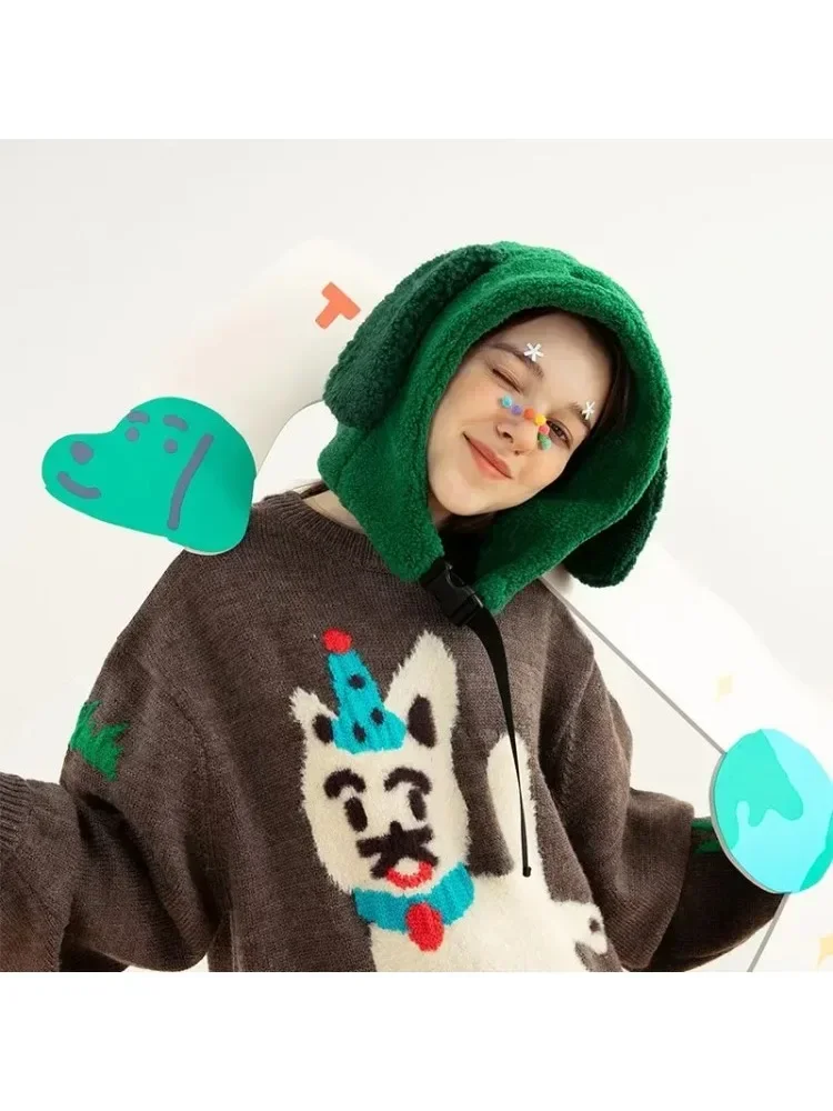 

Autumn Winter Harajuku Women's Fleece Hat Thick Warm Cap Original Niche Design Cartoon Dog Graphic Hat Eye Embroidery Hats