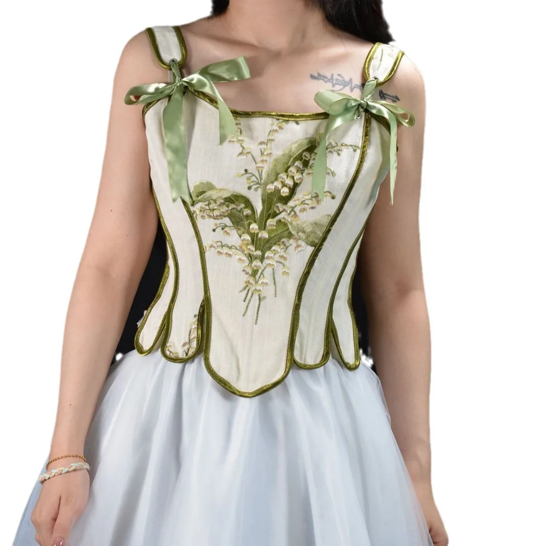 

Lily of The Valley Embroidered Green Corset Top with Shoulder Straps High Quality Sexy Elegant Floral Bustiers Vintage Corset