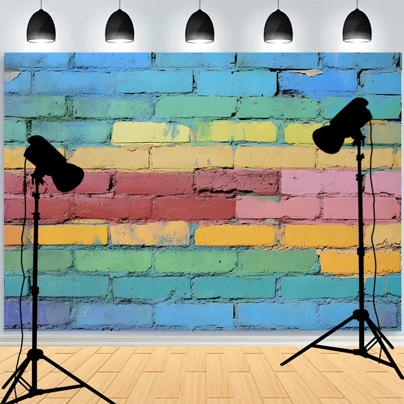 Graffitistyle Rainbow Painted Brick Wall Background Damaged Rustic Texture Grunge Photography Backdrops BK-14