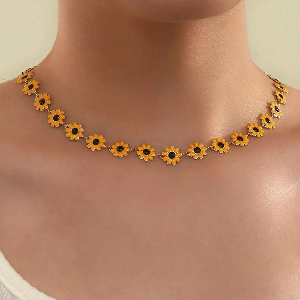 Trend Creative Dripping Oil Sunflower Chain ожерелье Enamel Daisy Necklaces For Teen Girls Women Flower Statement Necklace Gift