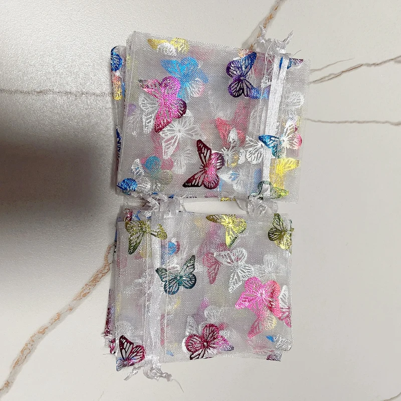 1000pcs Colorful Silver Butterfly Gift Pouch White Organza Bags with Drawstring for Wedding Christmas Jewelry Display Packaging