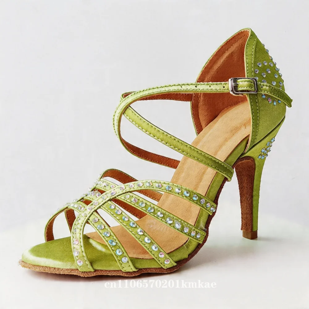 Rhinestone-embellished Green Latin Dance Sandals for Women, High Heel Soft Suede Sole Ballroom Dance Shoes for Salsa Tango