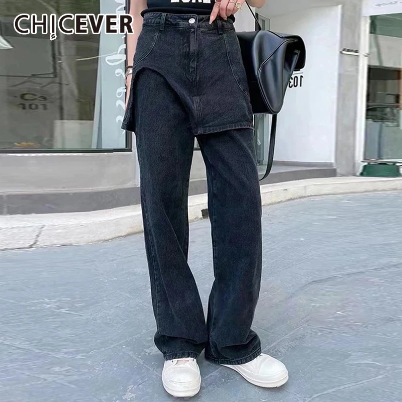 

CHICEVER Asymmetrical Solid Patchwork Zipper Jeans For Women High Waist Spliced Pockets Streetwear Wide Leg Pants Female Clothes