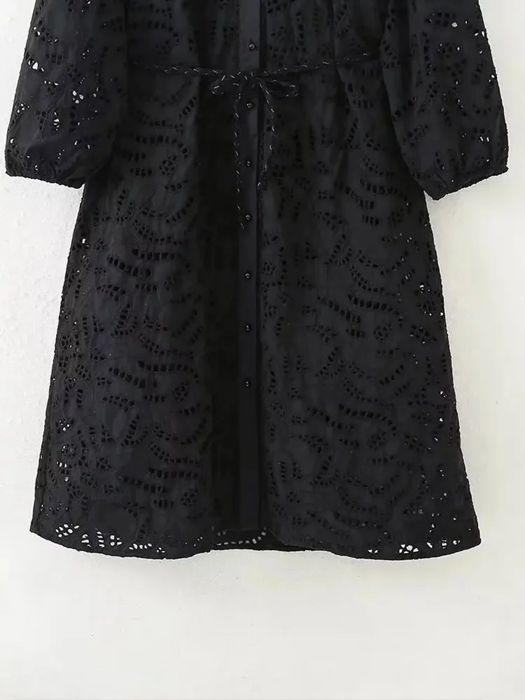 TRAF 2023 Summer Women\'s Dress New Fashion Hollow Out Embroidery Long Dresses for Women Long Sleeve Elegant Female Party Dress