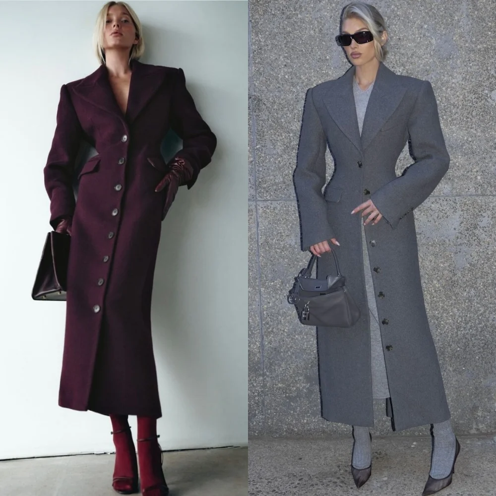 

Women's Office Women Coat 2025 Burgundy Tweed Jacket Women's Single Breasted Notch Loose Long Sleeve Padded Heavy Suit Jacket