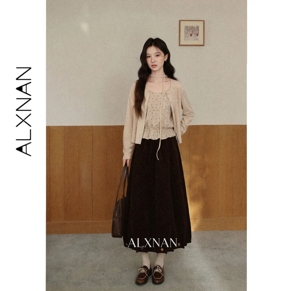 ALXNAN Vintage Style Brown Midi Skirt Women 2026 Autumn Petite High Waist Long Bloom Skirt Elegant Female Clothing L68177A