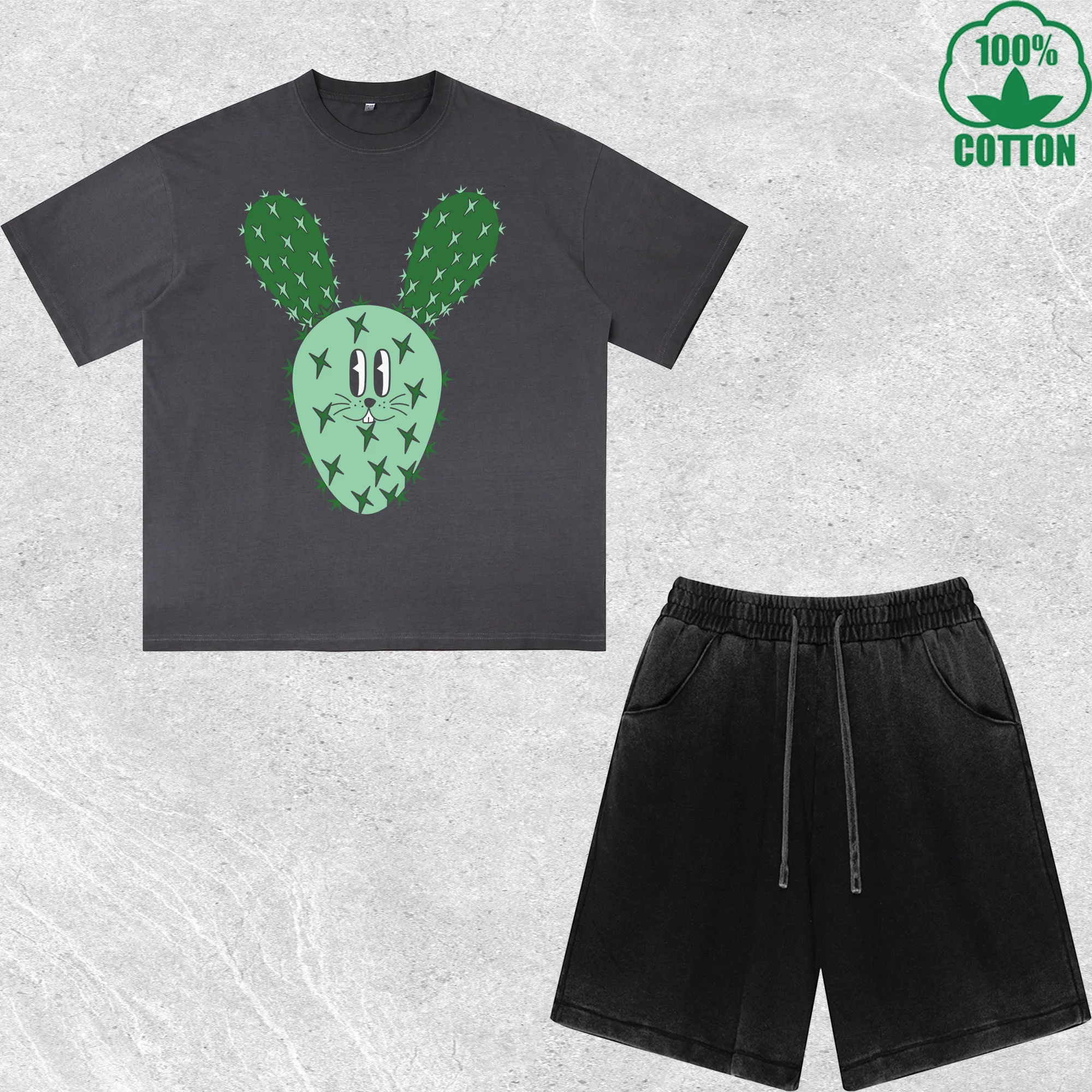 

Western Easter Cactus Rabbit Printed Dirty Wash T-Shirt Shorts Set Multicolor Combo Loose Trendy Fashionable 100%Cotton