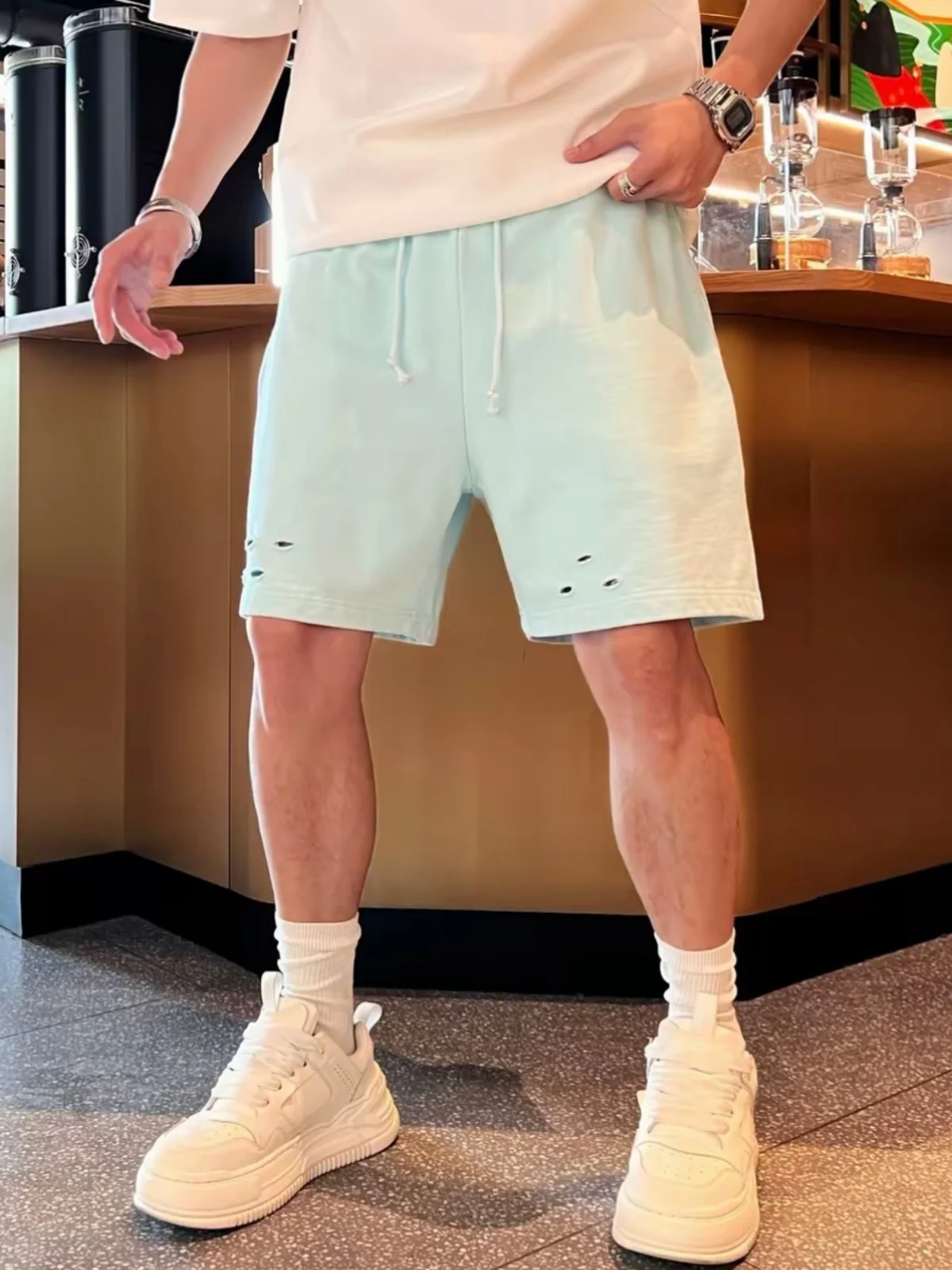 Casual Summer Candy Color Hole Five-Point Short Pants Men Women Skin-Friendly Breathable Beach Pants Cotton Straight Leg Shorts