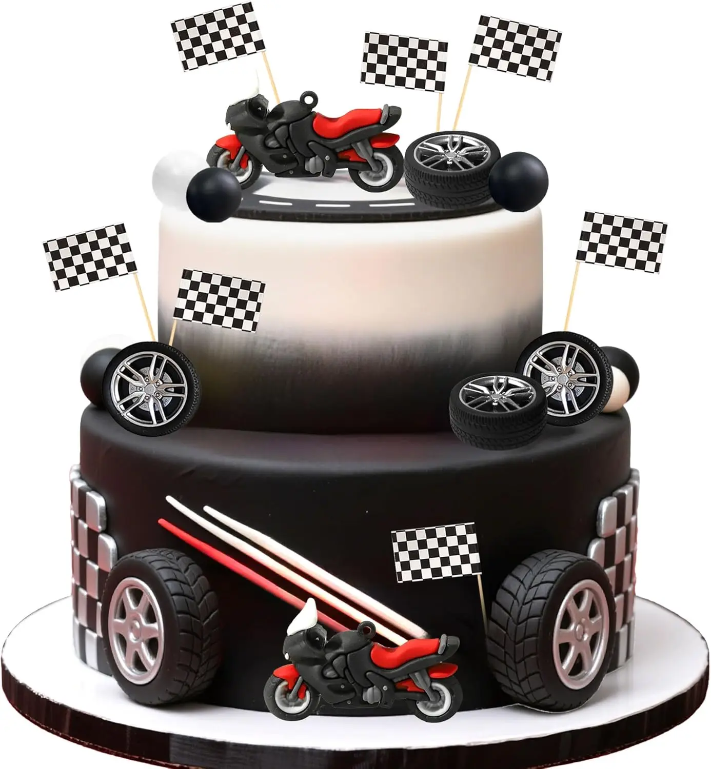 23 Peças de Decorações para Bolo de Motocicleta, Mini Pneus de Moto e Bandeiras Xadrez, Decoração de Bolo com Tema de Corrida para Aniversário de Moto Off-Road