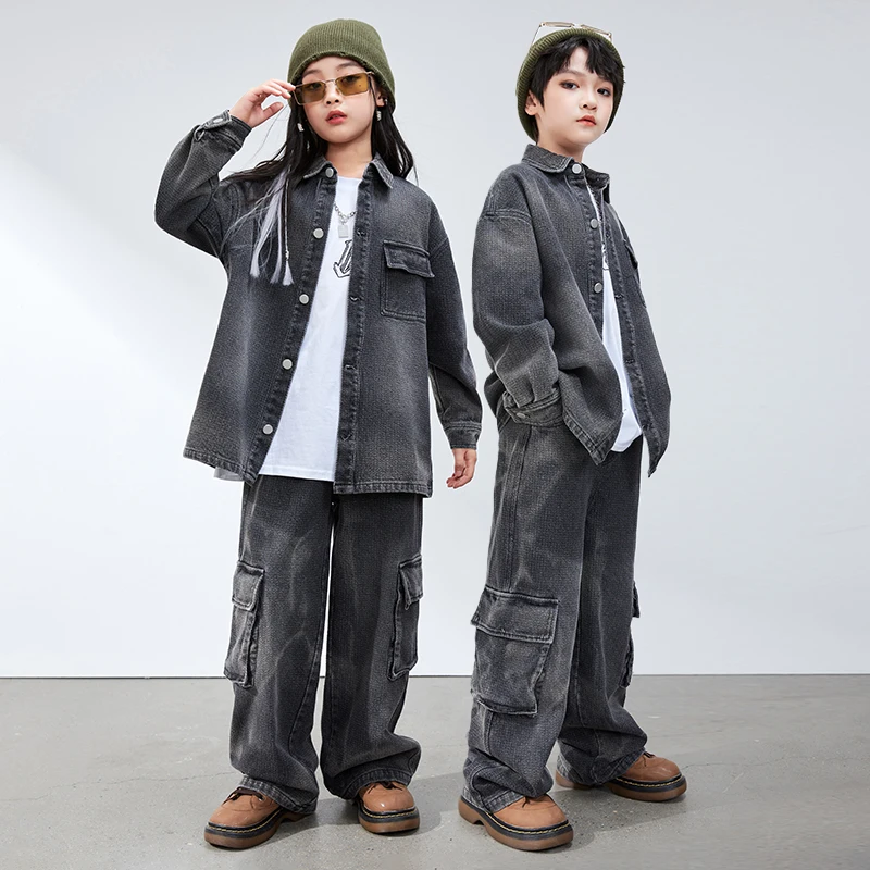 Fashion Boys Hip Hop Dance Costume maniche lunghe abito in Denim nero cappotto pantaloni ragazze Jazz Performance Clothes Stage Wear BL12180