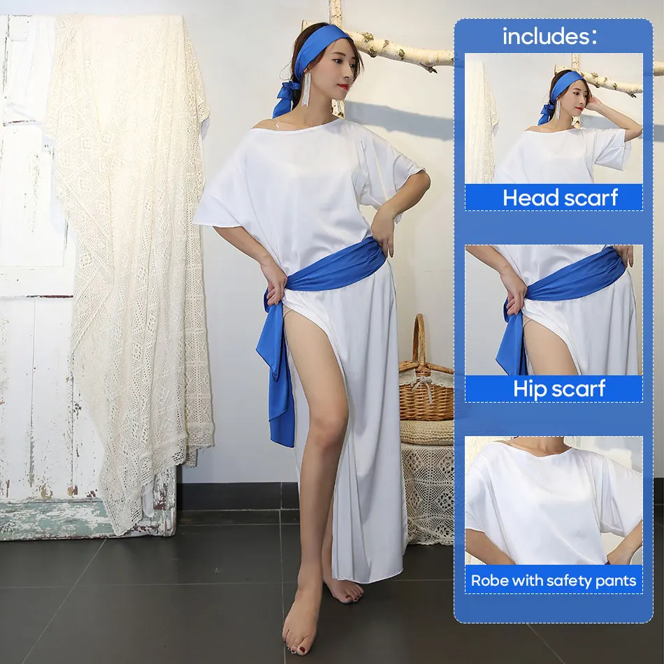 Belly Dance Robe With Safety Pants Hip and Head Scarf Outfit Loose and Fitted White Dance Costuem Set Practice Training Clothes
