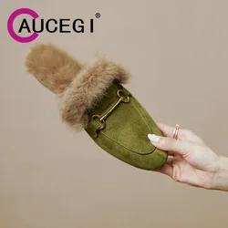 Aucegi New Faux Fur Slippers Women Round Toe Hairy Fluffy Slip On Mules Designer Autumn Soft Warm Walk Flat Shoes Orange Green