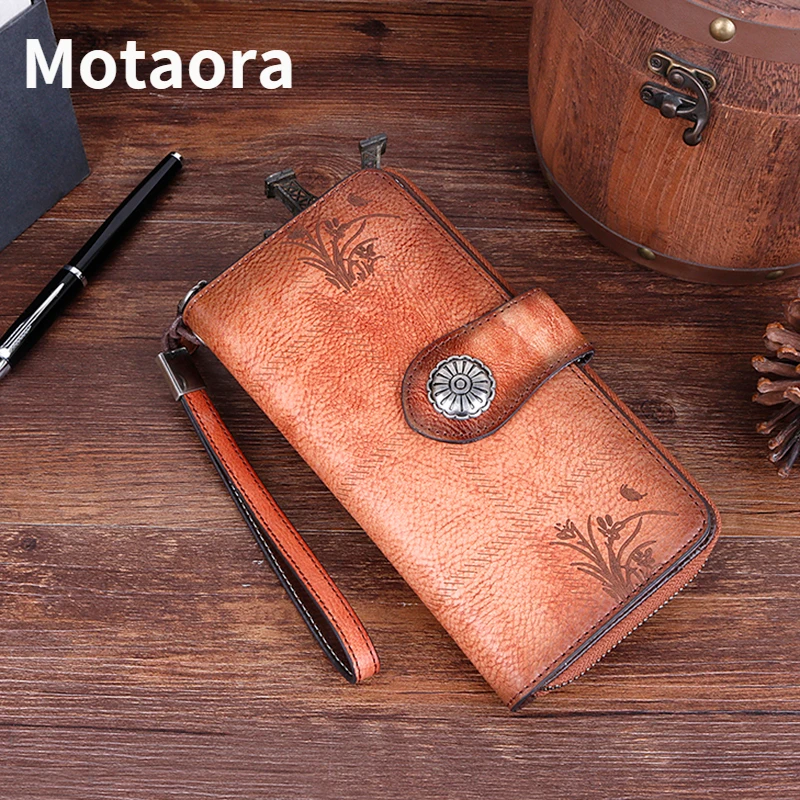 MOTAORA Retro Genuine Leather Women Wallet ID Credit Cards Holder Multi Purpose Female Wrist Clutch Bags Long Luxury Purse