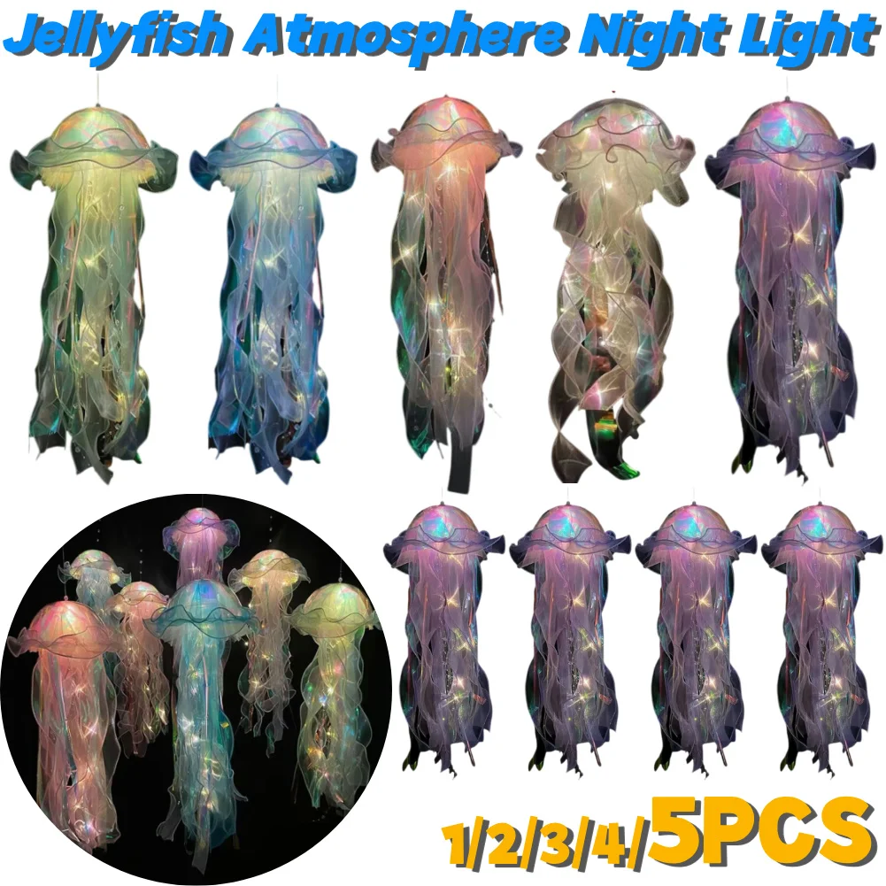 Jellyfish Colorful Nightlight Button Battery Hanging Ceiling Lantern Realistic with Ribbon&Bead for Children Bedroom