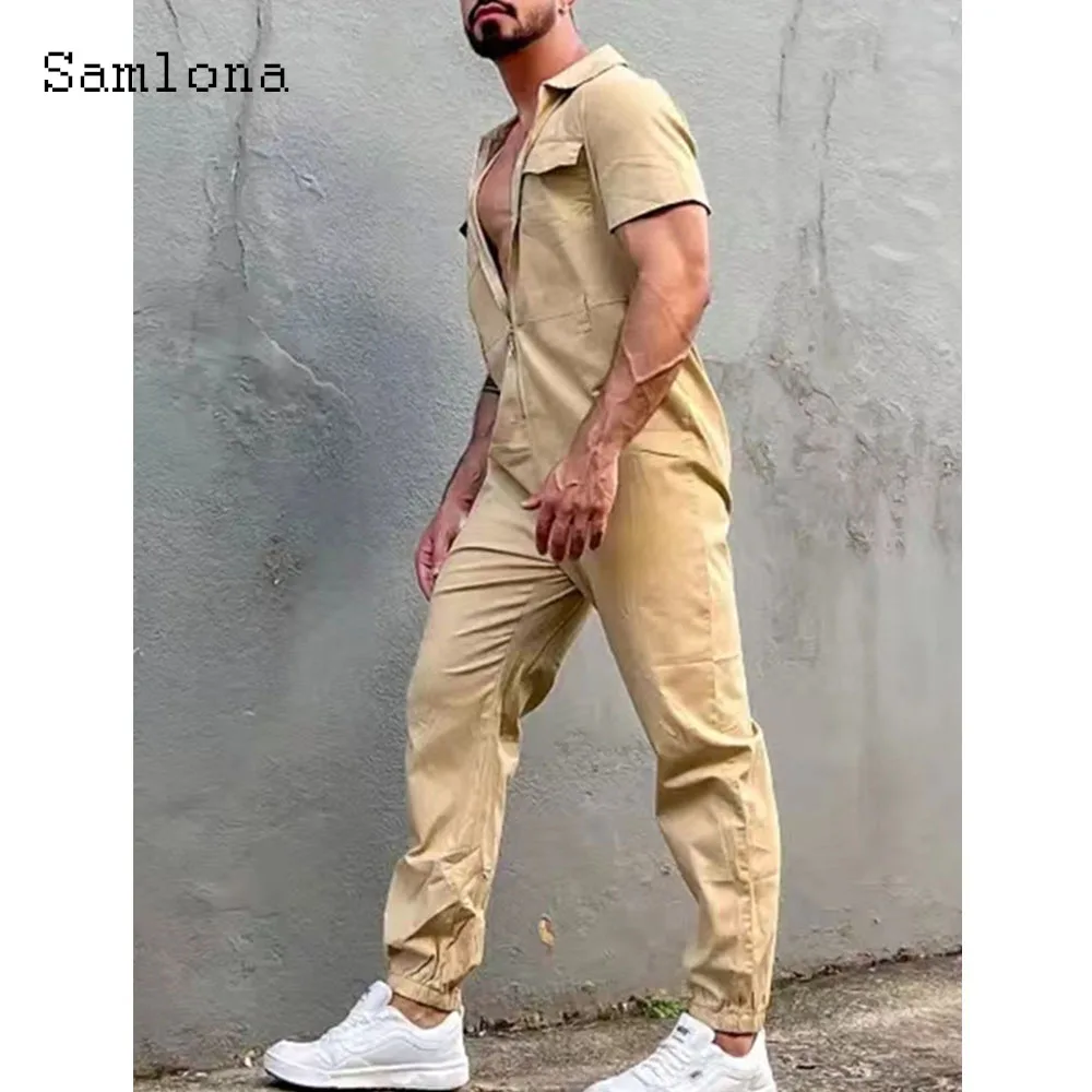 Men Fashion Straight Pants Set Sexy Zipper Pocket Overalls Male Short Sleeve Casual Retro Jumpsuits Men's Onesie Cargo Bodysuits