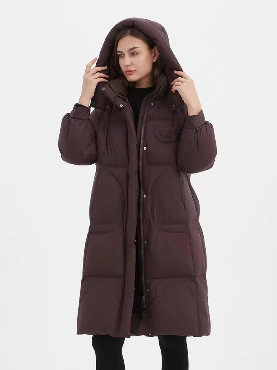 Hirsionsan Winter Long Solid Hooded Puffer Clothing Women Loose Casual White Duck Down Jackets Retro Streetwear Simple Warm Coat