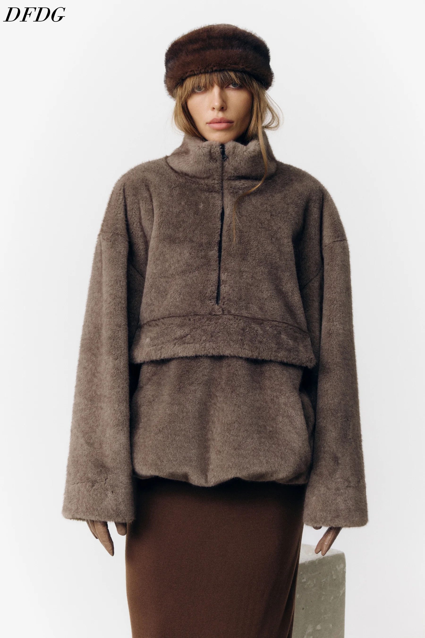 DFDG Women Teddy Fleece Pullover Fur 2026 Autumn Half Zip Stand Collar Loose Oversized Thick Warm Fluffy Casual Street Outerwear