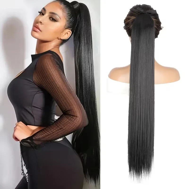 

34-дюймовые синтетические длинные прямые волосы для наращивания хвоста на шнурке, черно-коричневый шиньон для женщин на каждый день